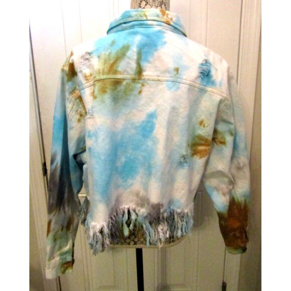 Taxi Blue Denim Jacket Tie Dye Distressed Fringe Cropped Jean Womens Size 2XL - Picture 6 of 9